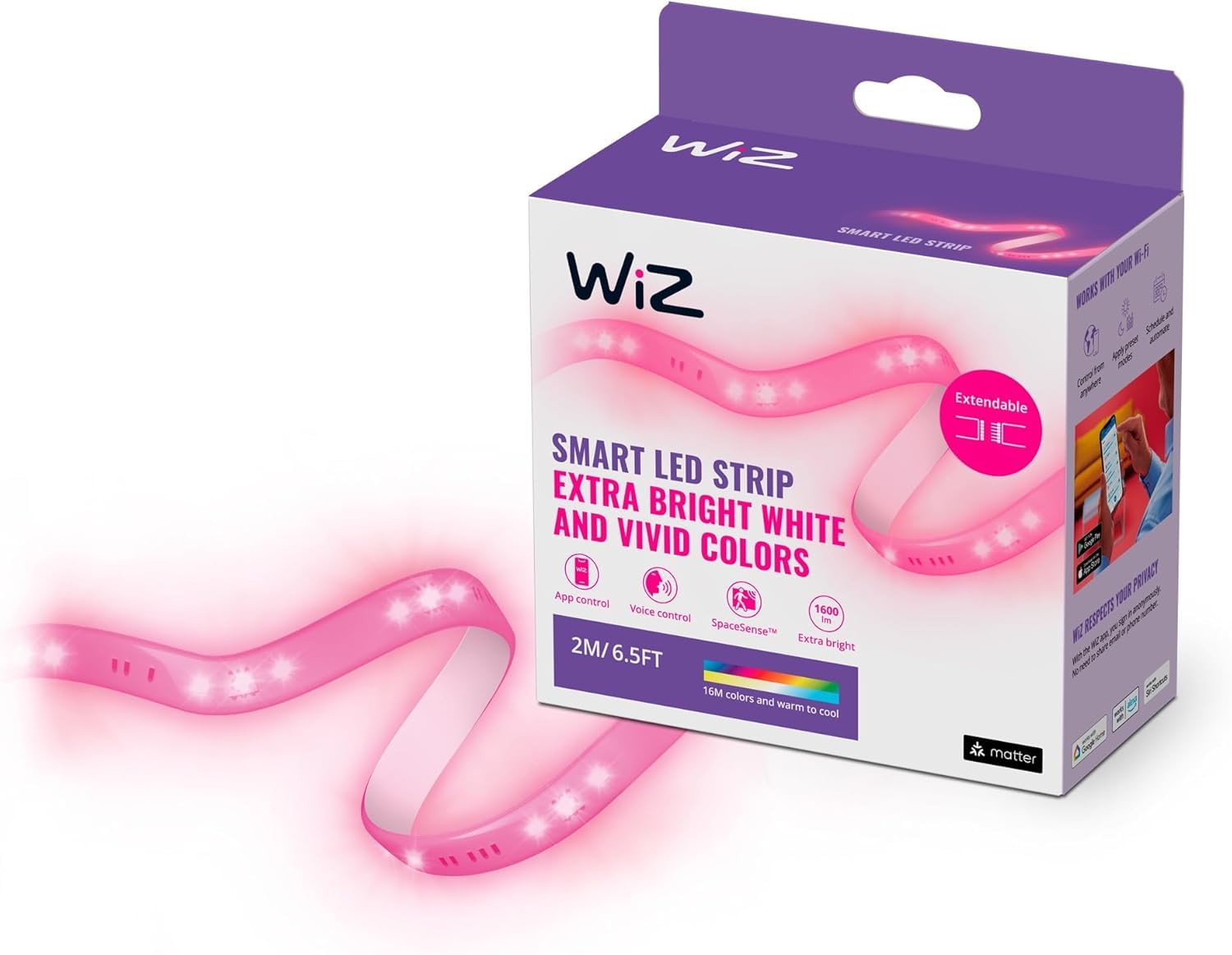 WiZ Tunable White and Color Lightstrip 2m Starter Set (1.600 lm), LED Streifen mit 16 Mio. Farben oder warm- bis kaltweißem dimmbarem Licht, smarte Lichtsteuerung über WLAN per Stimme/App