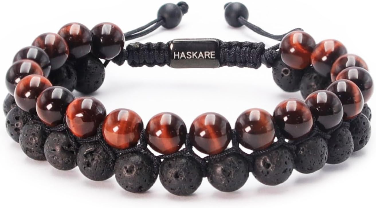 HASKARE Energy Beads Tiger Eye Bracelet for Men, Red Tiger Eye Beads Lava Stone Bracelets, Handmade Protection Crystal Bracelet Mens Jewelry Bracelets Father Christmas Gift for Stress Relief 8mm