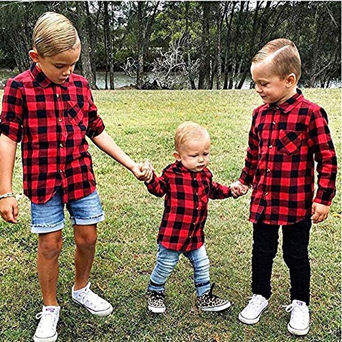 Kids Little Boys Girls Baby Red Plaid Flannel Long Sleeve Button Down Flannel Shirt Plaid Tops Girl Boy Clothes (2-3T, Red) #TOP6