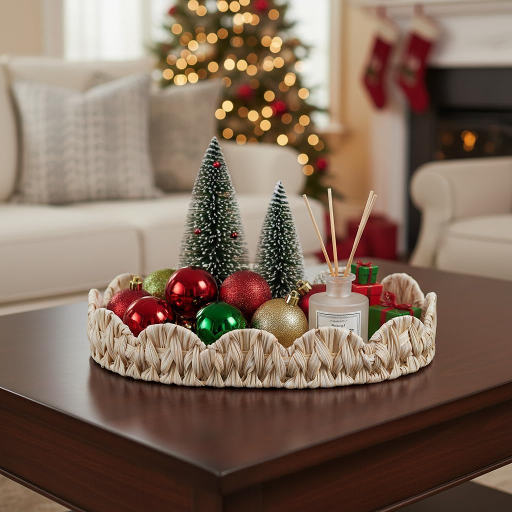 16.5 inch Round Wicker Tray, Boho Decorative Coffee Table Tray,Woven Serving Tray with Handles,Wicker Scallop Basket - Image 3