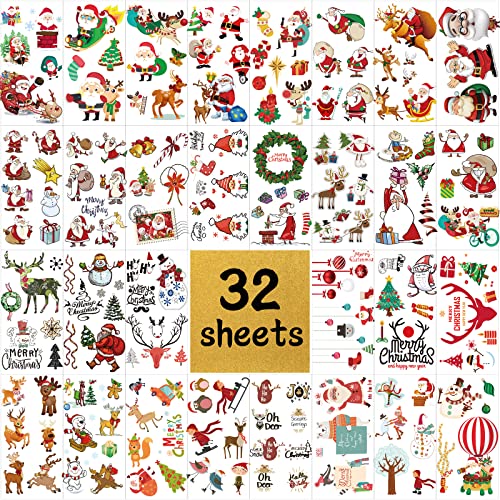 32 Sheets Christmas Temporary Tattoos for Kids - 200+ Christmas Tattoos Cute Designs for Merry Christmas Party Favors, Stocking Stuffer, Christmas Eve Gift, Xmas Tree + Lights, Santa, Christmas Tattoos Sticker for Christmas Party