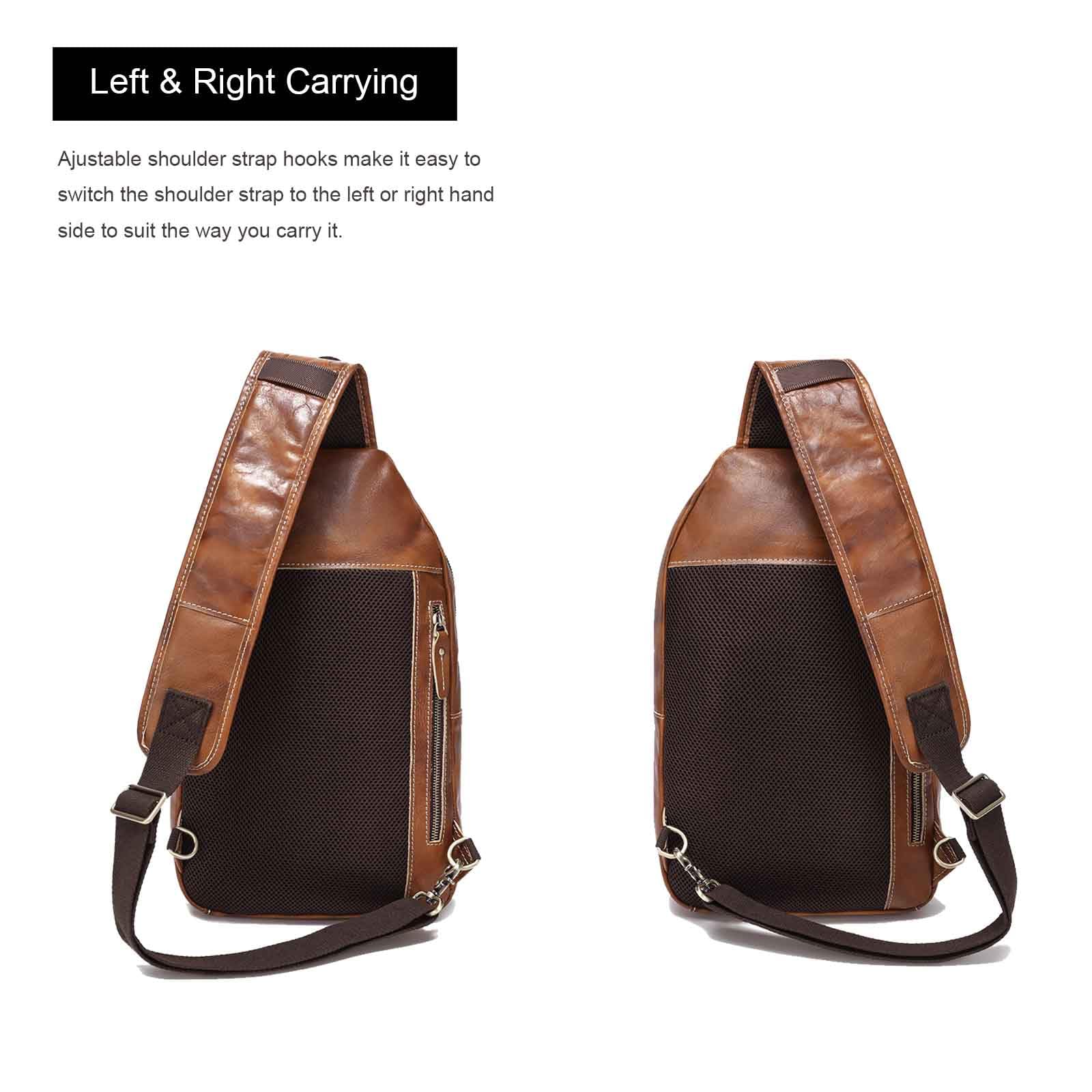 LANNSYNE Full Grain Leather Casual Sling Bag For Men Hiking/Travel/Business Crossbody Chest Bag Fits 12.9'' iPad'