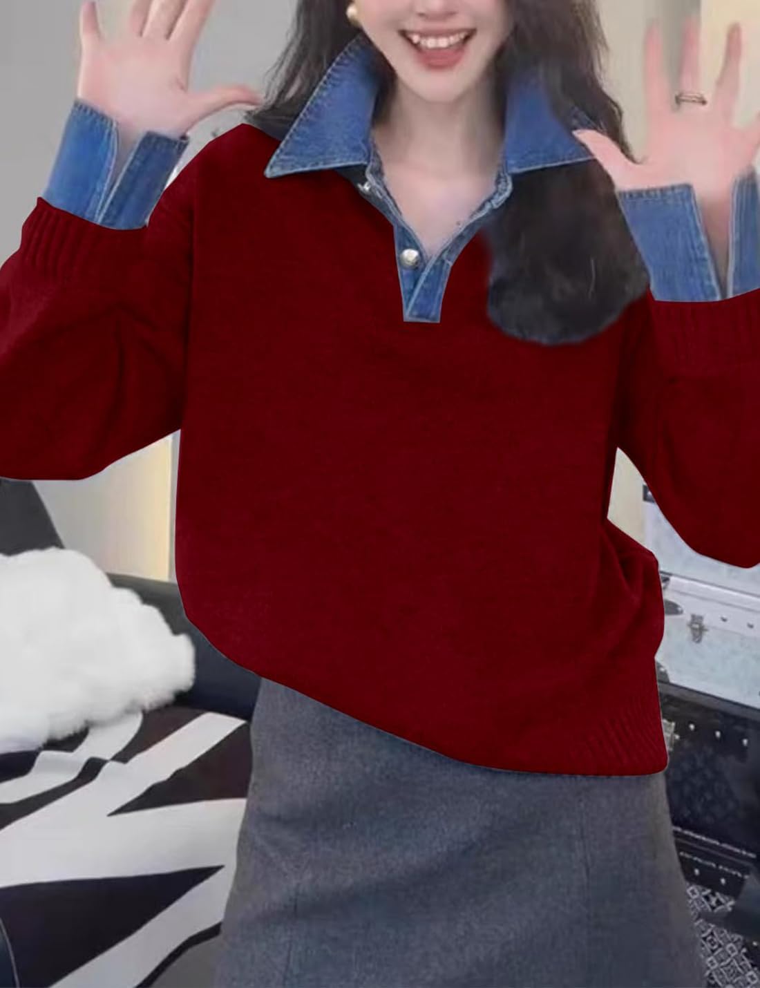 hathne Women's Oversized Polo Sweater Button Up Denim Lapel Pullover Sweater Long Sleeve Collared Knit Top - Image 5