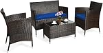 COSTWAY 4 Pieces Rattan Patio Furniture Set, Outdoor Wicker Chairs with Coffee Table, Rattan Cushioned Conversation Set for Backyard Balcony Porch Poolside, Black | Outdoor Wicker Rattan Chairs with Coffee Table, Rattan Cushioned Conversation Set for