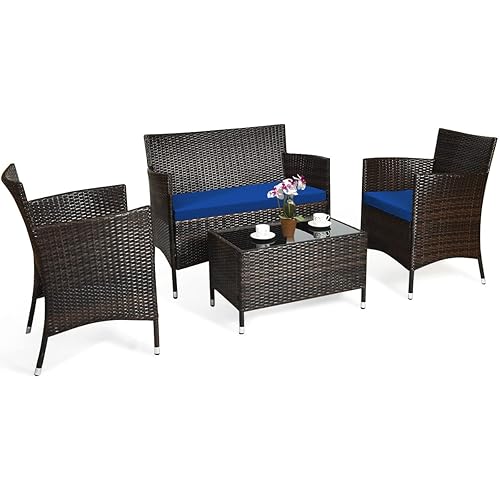 COSTWAY 4PCS Rattan Patio Furniture Set, Outdoor Wicker Rattan Chairs