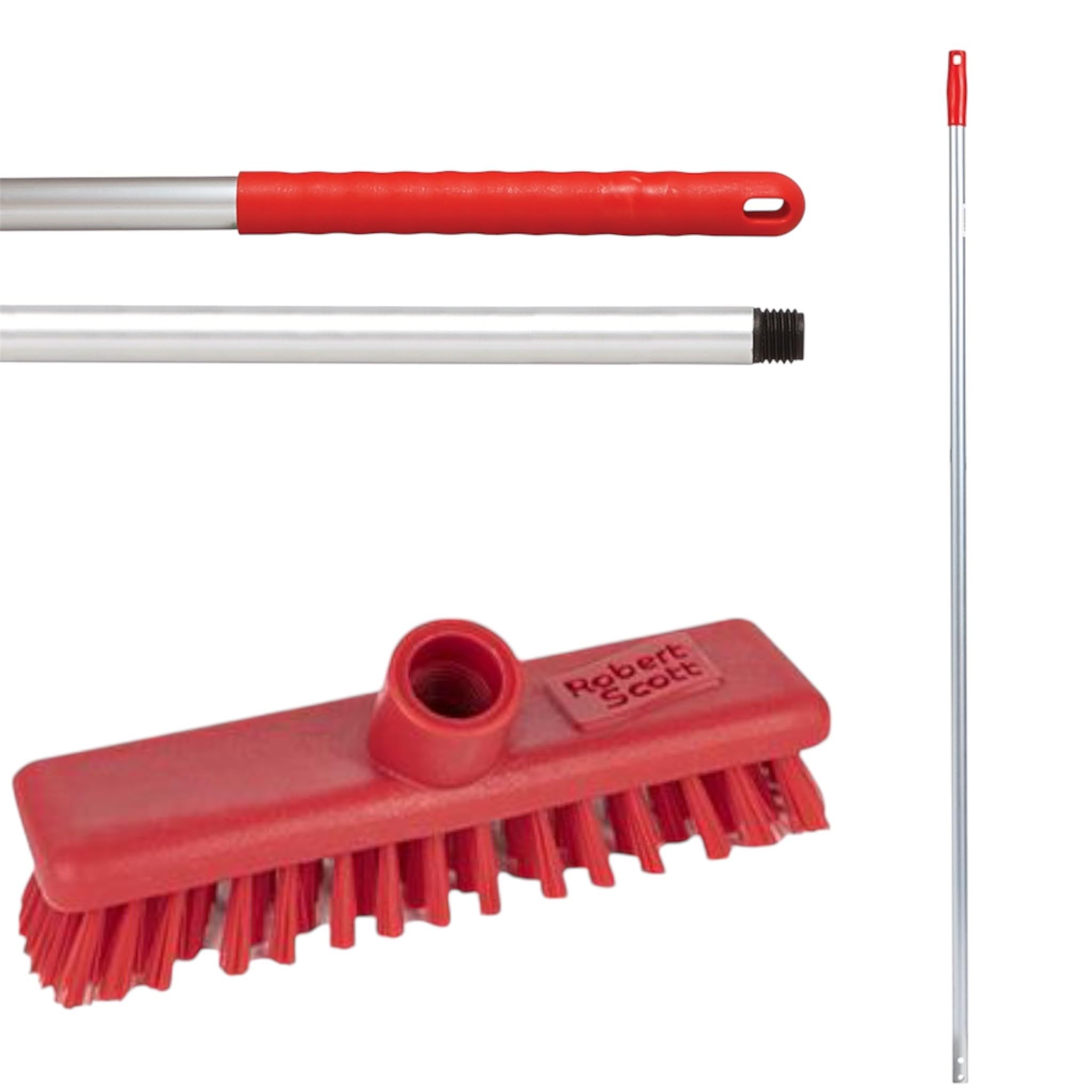 Aardvark Janitorial Supplies Red Robert Scott Washable Deck Scrub 23Cm, 9 Inches, And Colour Coded Hygiene Handle 125Cm