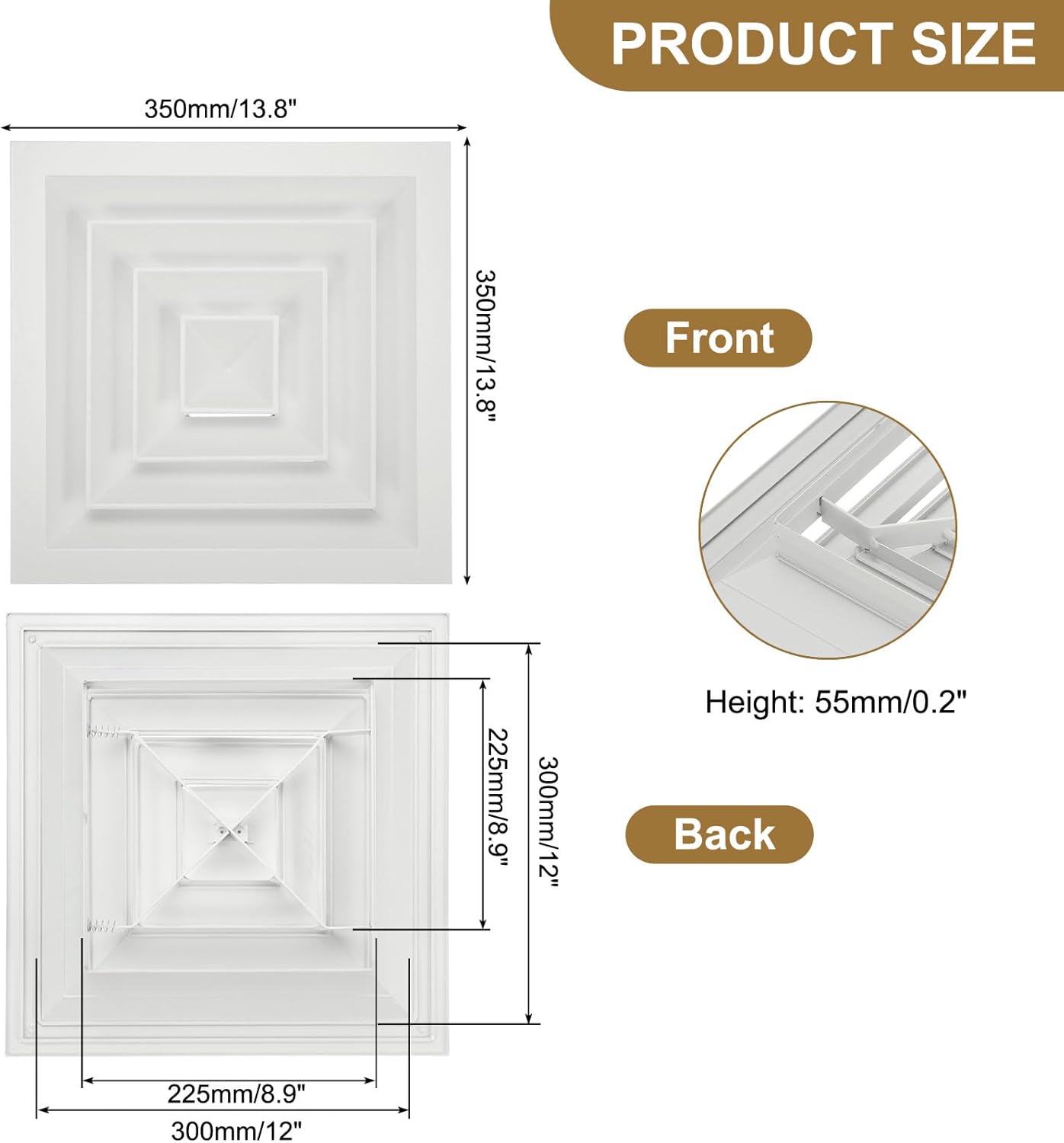 patikil 9" x 9" square ceiling diffuser, aluminum square vent cover hvac ceiling diffuser for hvac system horizontal flow duct industrial home office, white, 12" x 12" ducting opening size 9 x 9 inch