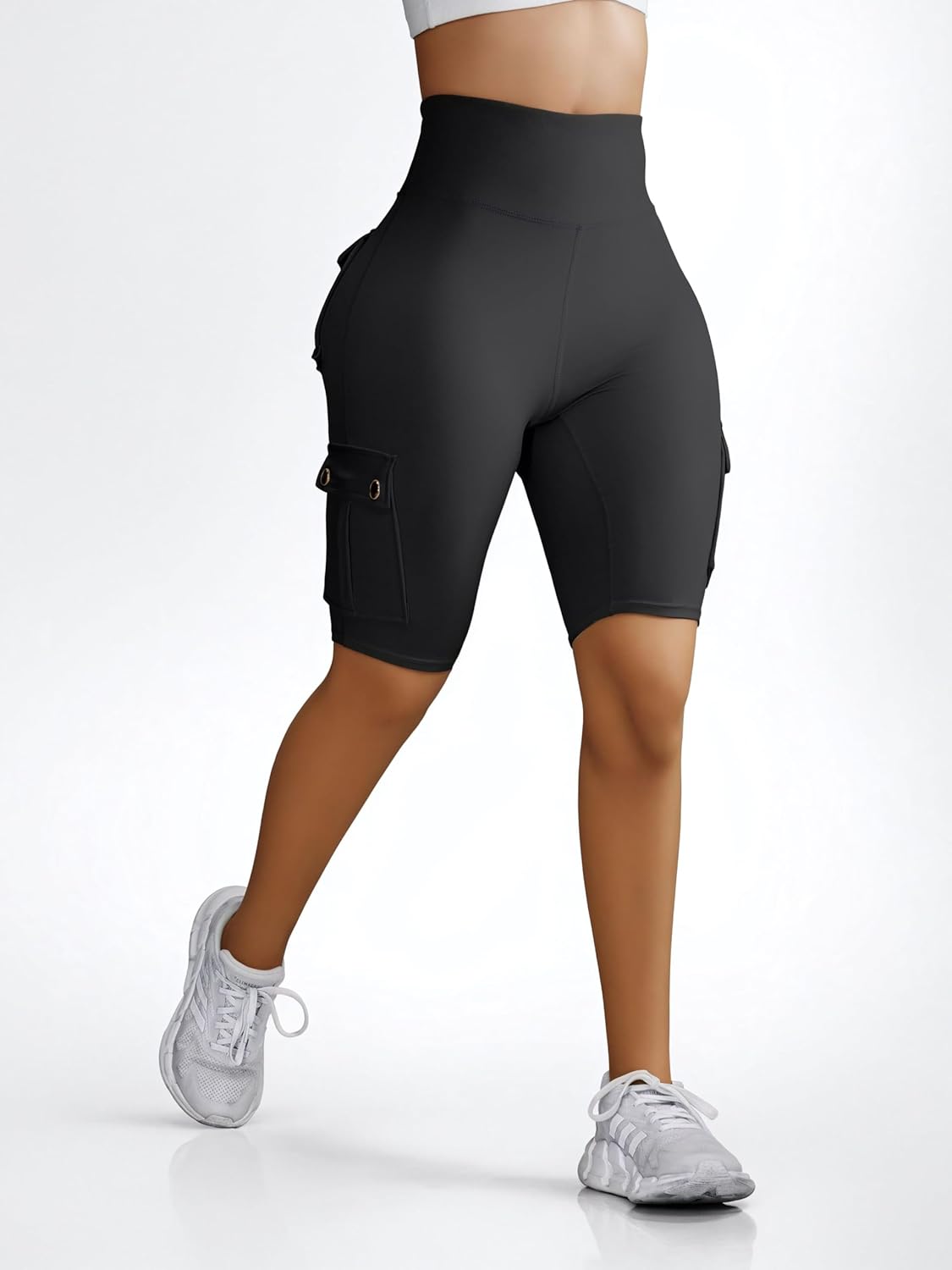 Sumleno Women Tummy Control Butt Lifting Shorts Knee Length High Waist Flap Pocket Workout Bermuda Cargo Running Shorts - Image 5