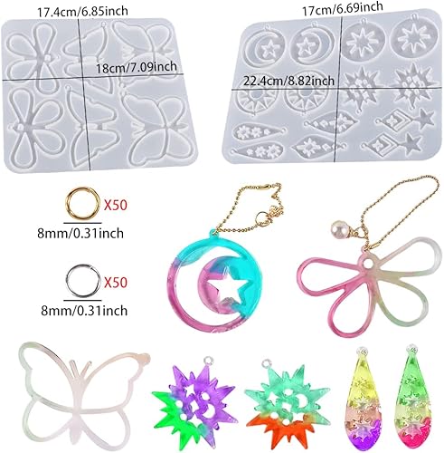 Miniatura 5 de FineInno 2 moldes de resina para pendientes para joyas con 140 accesorios para aretes, mariposa, luna, estrella, kit de joyería de silicona, molde