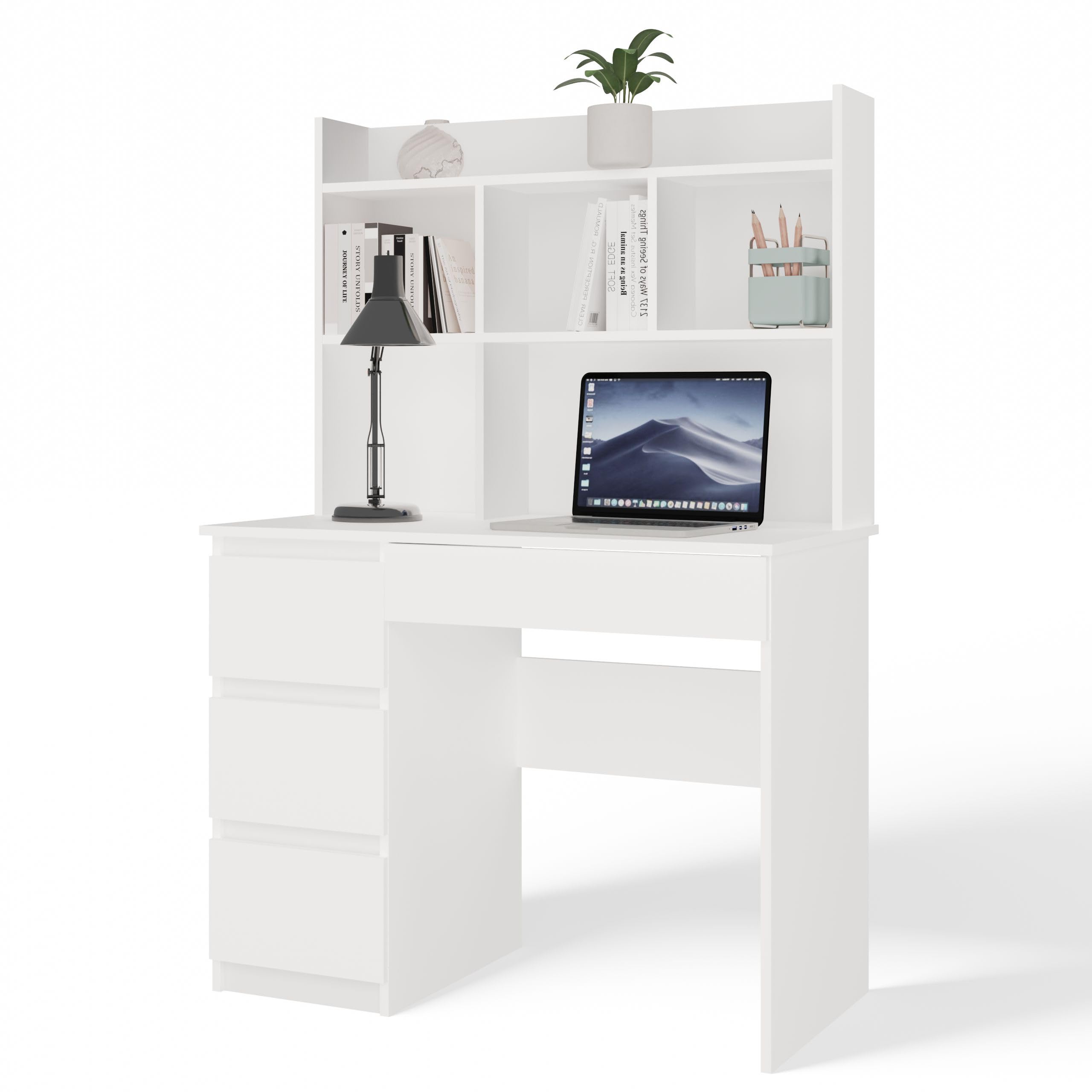 Scrivania Moderna con Libreria 5 Ripiani 98x146 cm, Mobile PC Salvaspazio con 4 Cassetti, Scrittoio per Cameretta e Studio, Design Elegante, Bianco Opaco SCT15 (Cassetti a sinistra)