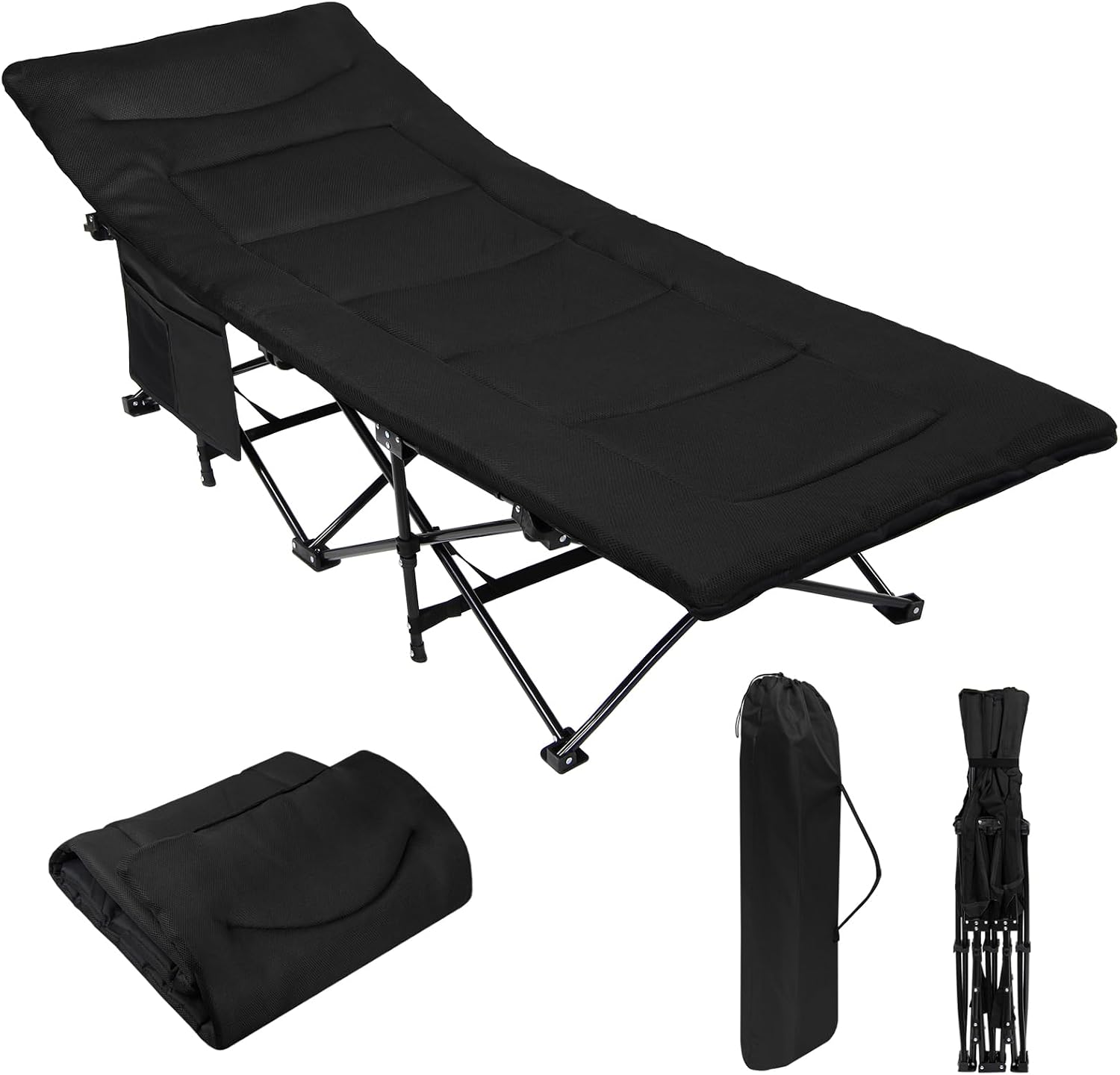 ALPIDEX Campingbett Feldbett bis 200 kg Seitentasche Bequem Auflage Weich Gepolstert Klappbar Faltbar Gästebett Liege Camping Garten