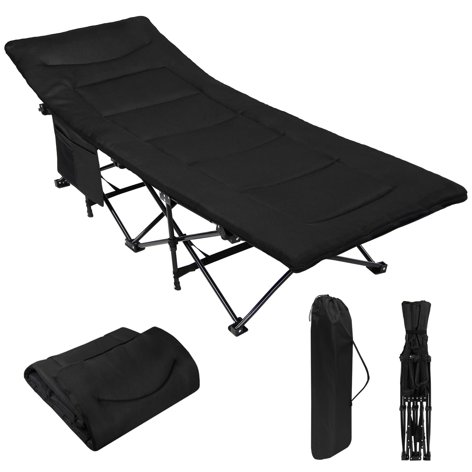 ALPIDEX Brandina Campeggio Letto Campo Pieghevole Caricabile Fino 200 kg Lettino Tenda Portatile Cuscino Leggero Borsa Trasporto, Colore:black