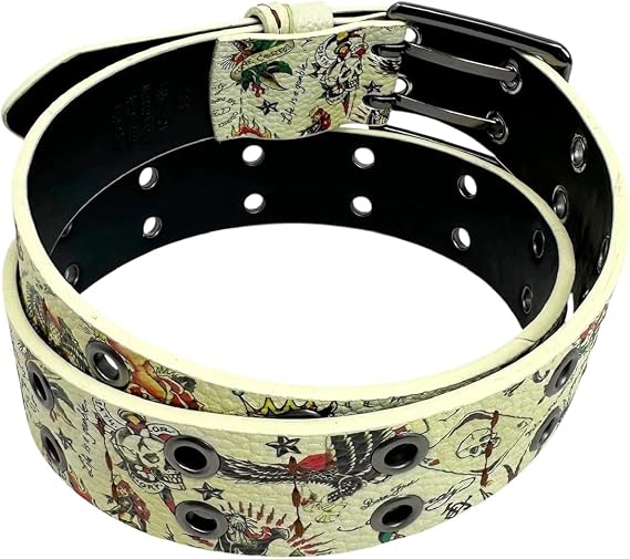 ED HARDY Men's Ace of Hearts Print 38mm Dual Prong Buckle Belt