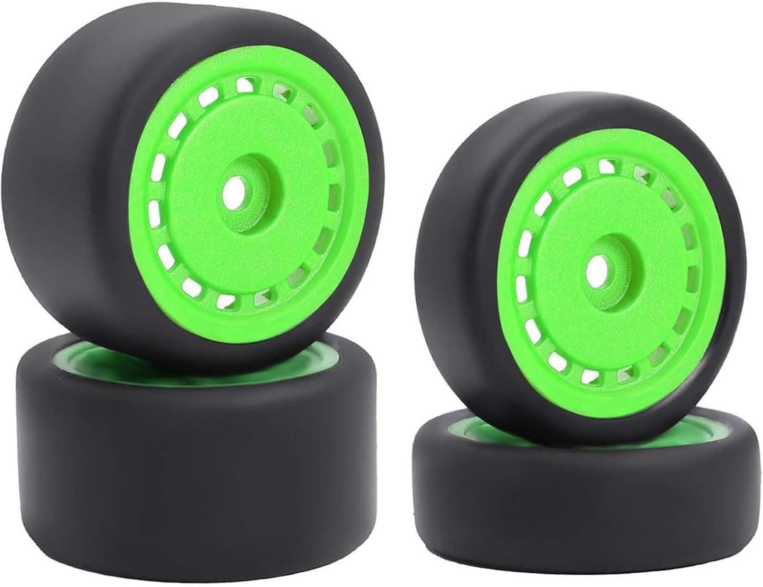 4PCS Pre-Glued On-Road Drift Racing Smooth Rubber Tires and Wheel Rims Set 7MM Hexagon for 1/24 Losi Micro-B RC Car Upgrades Parts (Green)