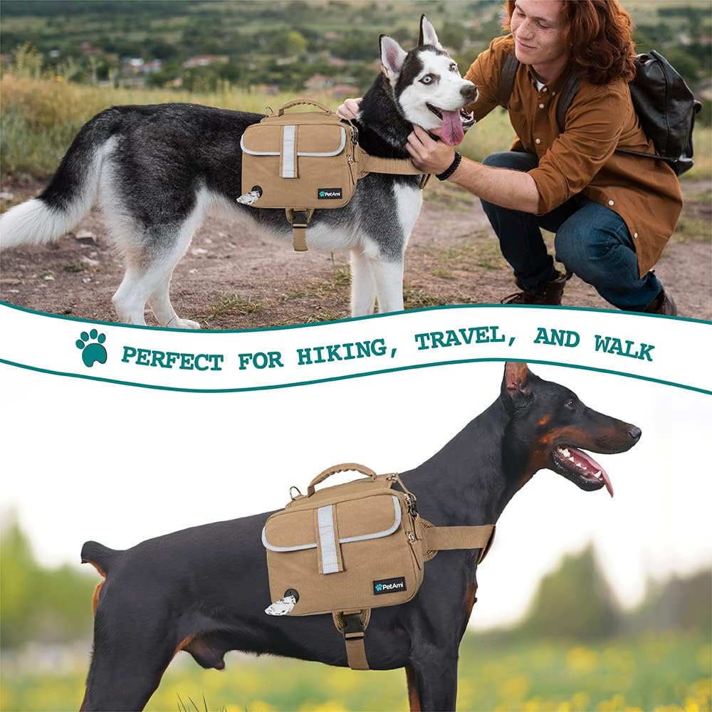 PetAmi Dog Backpack for Medium Large Dogs, Dog Saddle Bag for Dogs to Wear, Tactical Harness Saddlebag with Reflective Safety Side Pockets for Hiking, Camping, Vest Dog Pack for Travel (Tan, Large)