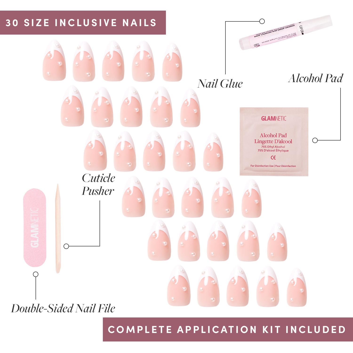 Glamnetic Press-On Nails Bundle - French Pearl & Fairy Dust | Short Almond French Tip Fake Nails with Pearl Accents | Short Oval Beige-Pink False Nails with a Metallic Finish | Reusable, Salon-Quality