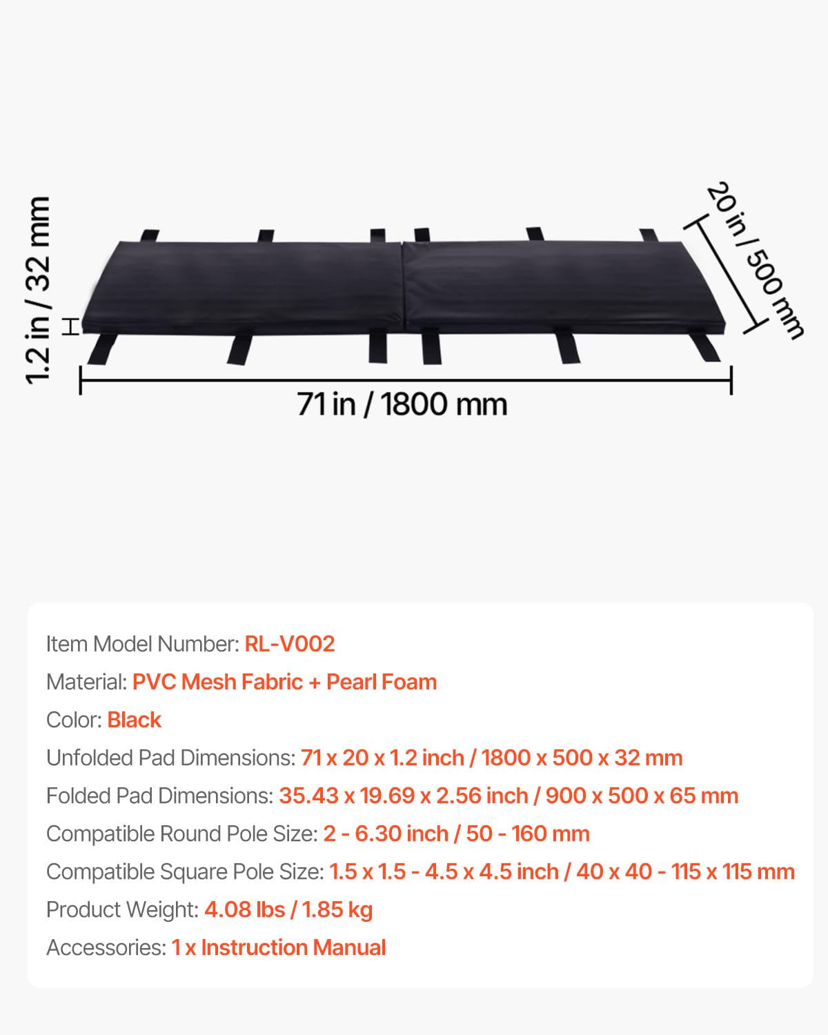 VEVOR Coussin de poteau de basket-ball, 30x1800 mm, rembourrage robuste enveloppant pour poteau, pour poteaux ronds 50-160 mm et carrés 115 mm, imperméable toutes saisons, pour sous-sol, garage, noir