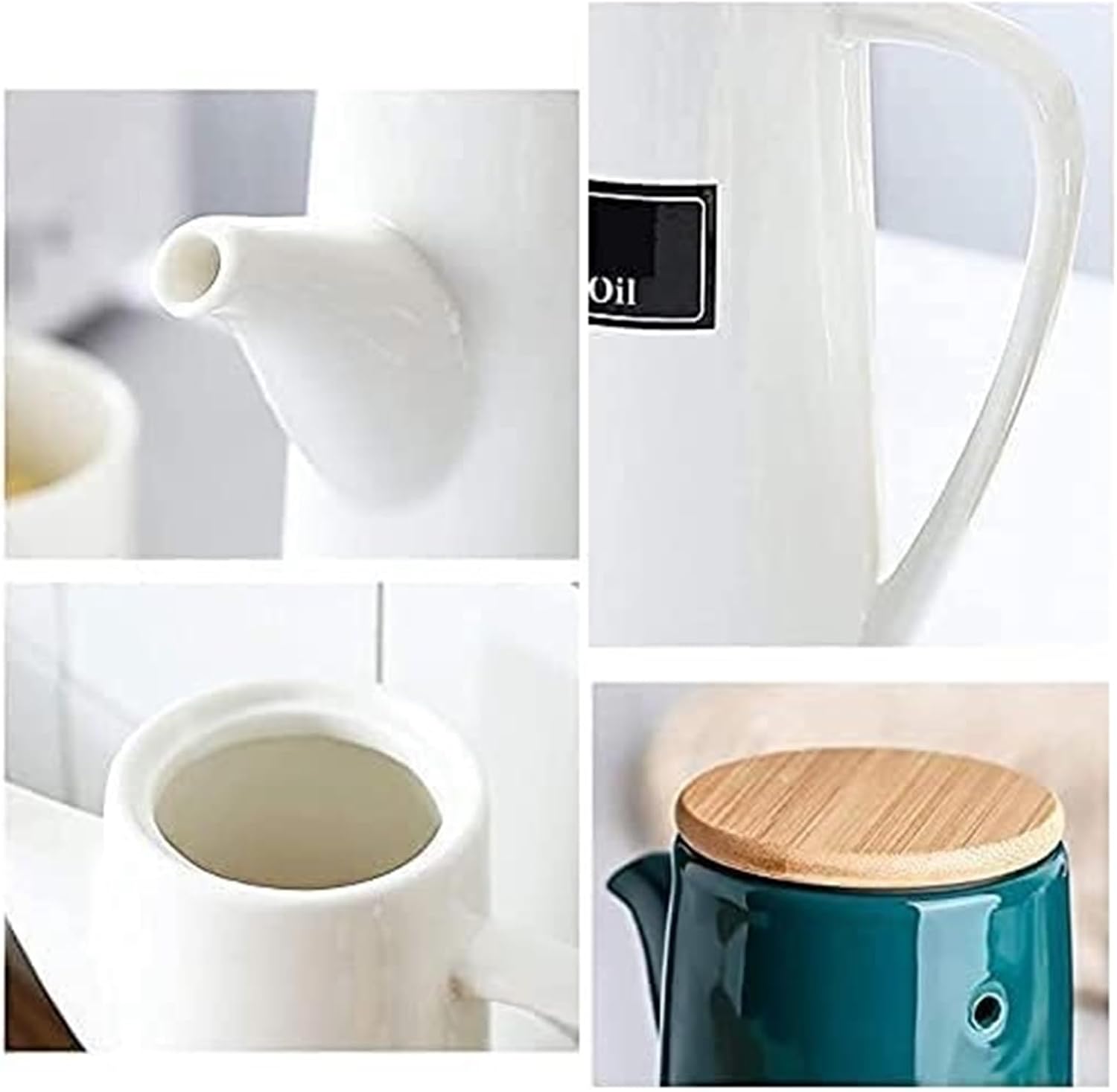 Oil and Vinegar Dispenser Ceramic Oil Vinegar Dispenser Bottles,Handcrafted Condiment Bottle with Leakproof Wood Cover and Tray Cooking