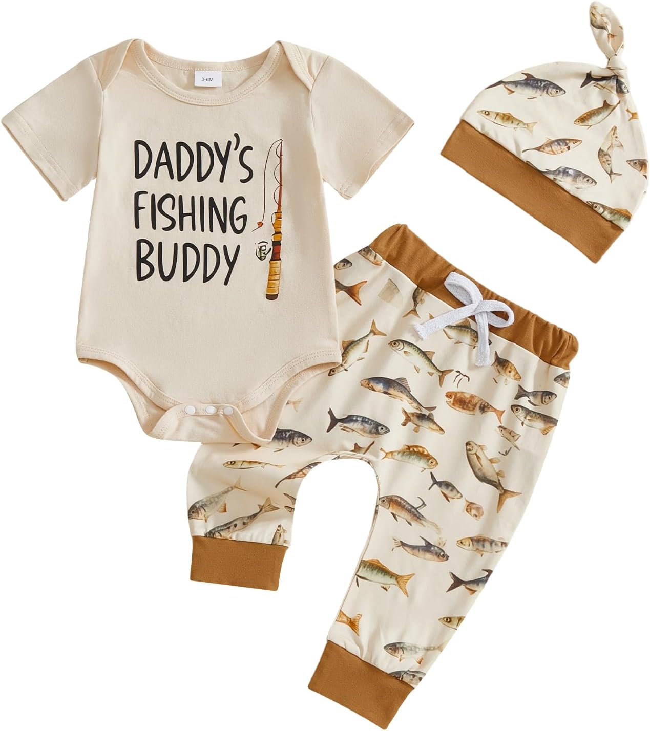 Newborn Infant Baby Boy Fishing Outfit First Birthday Clothes Short Sleeve Romper + Pants + Hat 3Pcs Set