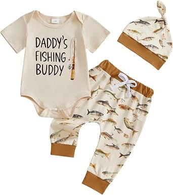 Newborn Baby Boy Summer Clothes Daddys Fishing Buddy Short Sleeve Romper Pants Hat 3PCS Outfit Set