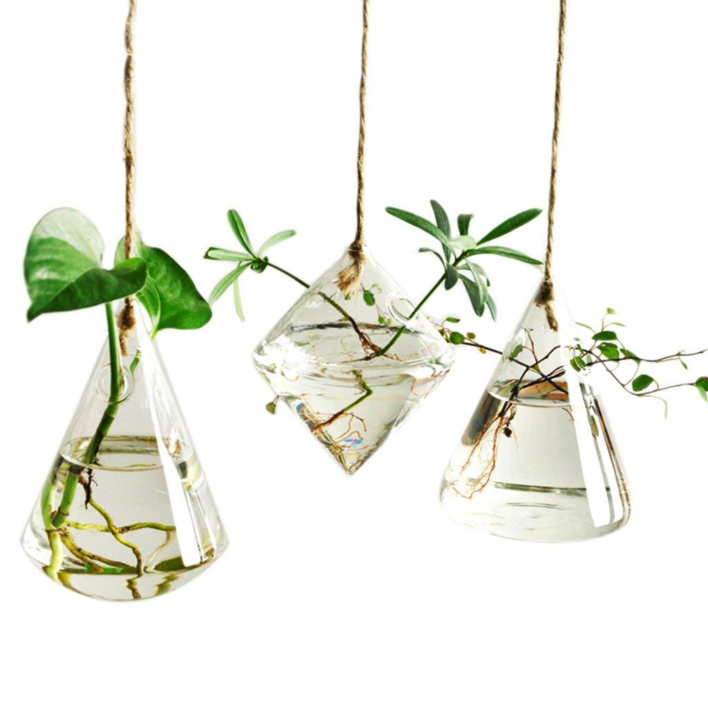 Kingbuy Hanging Glass Terrarium Propogation Planter Geometric Vase with Strings for Propagation Hydroponic Plant Home Garden Decor, 3 Type