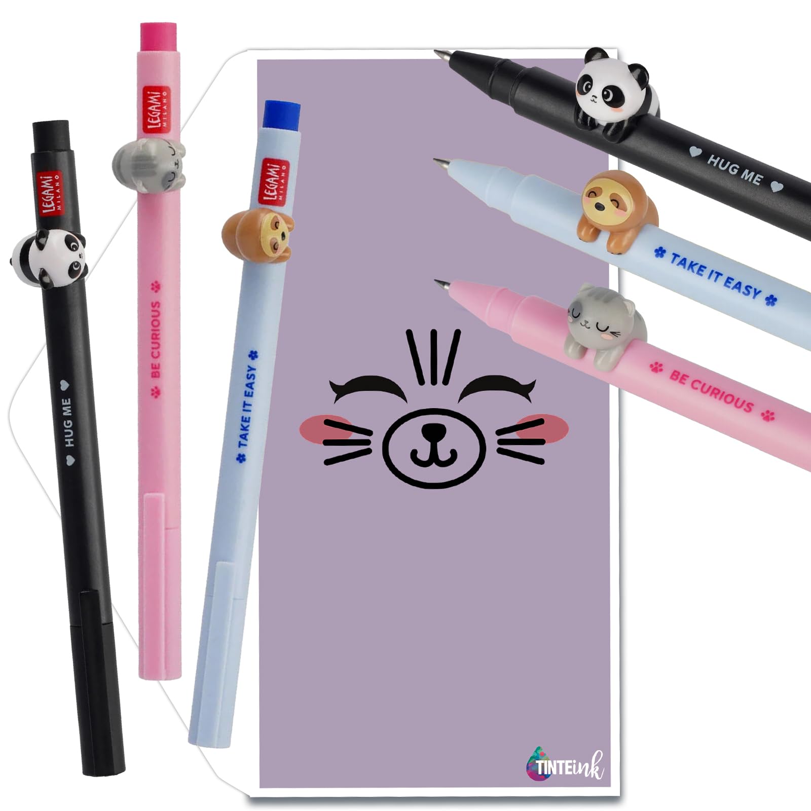 Tinte Ink Legami Lovely Friends Pens Choose Set Including Gift Envelope! - Choose Cute Design! (Panda, Kitty, Sloth Pack) — image 1
