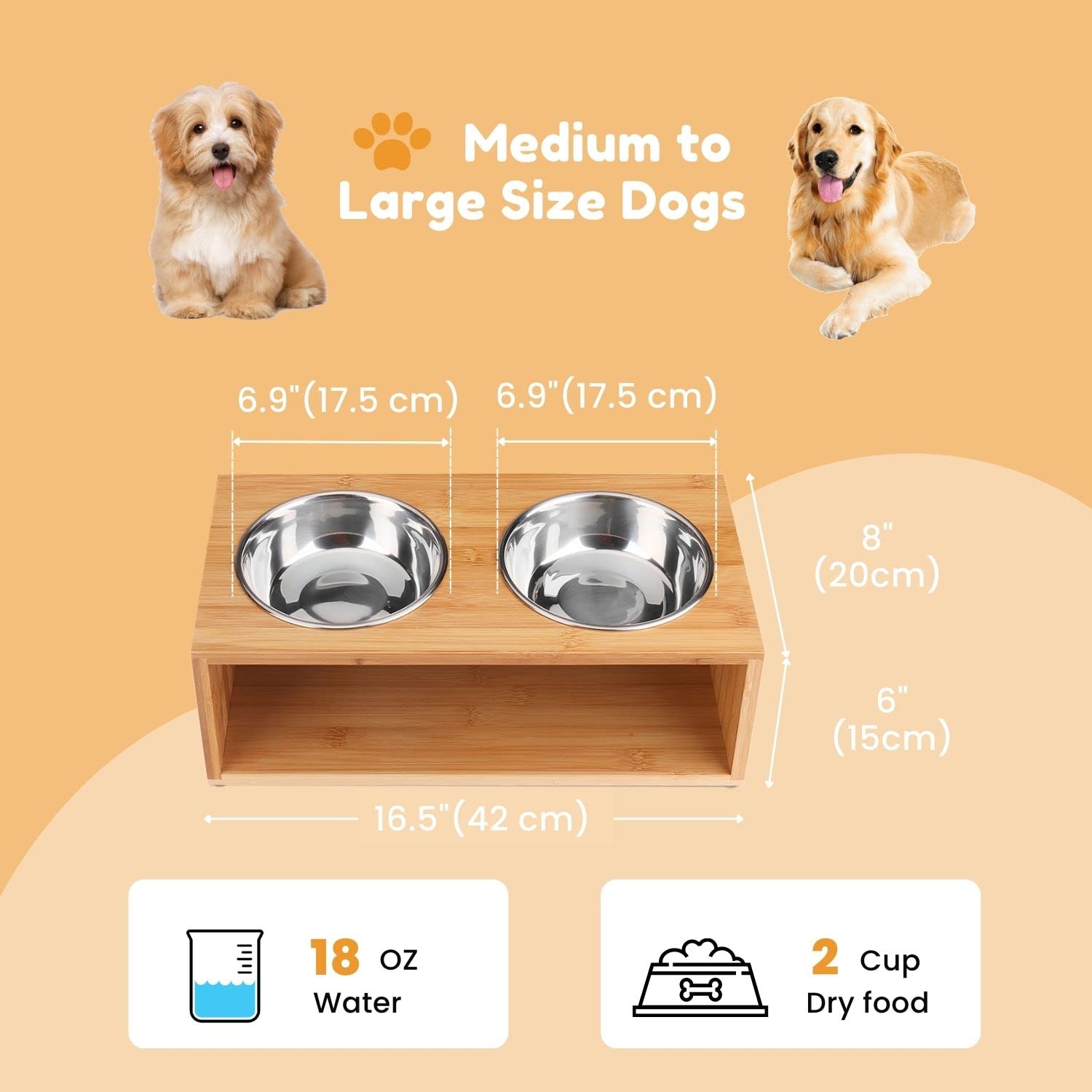 Flexzion Ciotole Elevate per Cani e Gatti - Stazione di Alimentazione Vassoio di Alimentazione Rialzato bambù con Doppio Piatto Cibo Acqua (18 Oz, 6 "di Altezza) Ciotola Rialzata con Supporto Acciaio