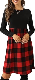 Women's Long Sleeve Empire Waist Buffalo Plaid Midi Swing Dress with Belt