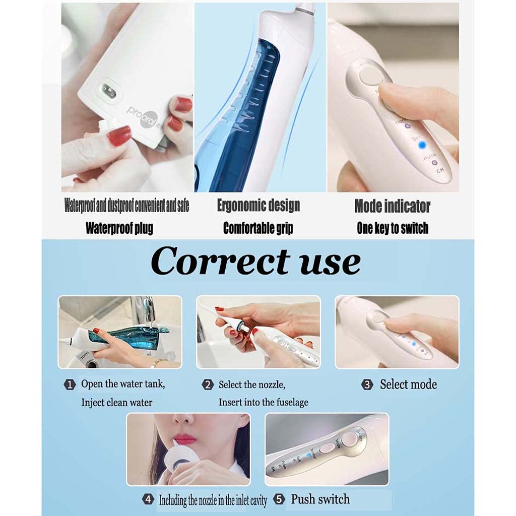 TJH Irrigatore Orale Dentale Cordless Professionale Flosser dell'Acqua, 6 Punte di Getto, 150 ML Portatile e Ricaricabile IPX7 Impermeabile 3 modalità Flosser dell'Acqua per la casa, Bretelle