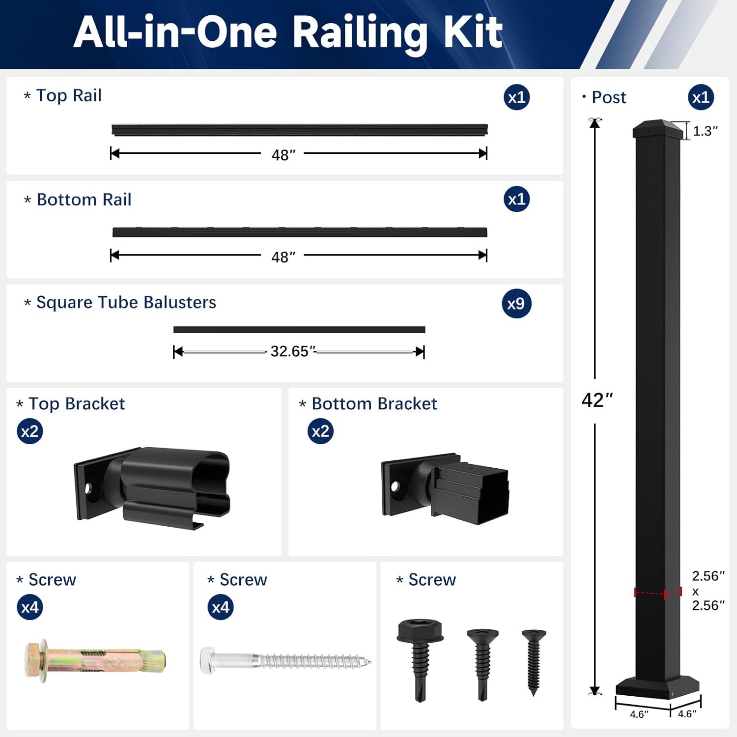 42 in. H x 4 ft. W Porch and Deck Railing Kit, Aluminum Stair Railing Kit, Black Textured Powder-Coat Finish Rail System for Concrete Steps or Wooden Stairs (1 Post, 1 Panel)