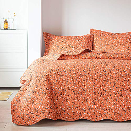 Honeilife Floral Quilt Set Queen - 3 Piece Microfiber Quilts Reversible Bedspreads Patchwork Coverlets Lightweight Bedcover Bedding Sets All Season Quilt Sets- Wildflower,Orange #TOP4