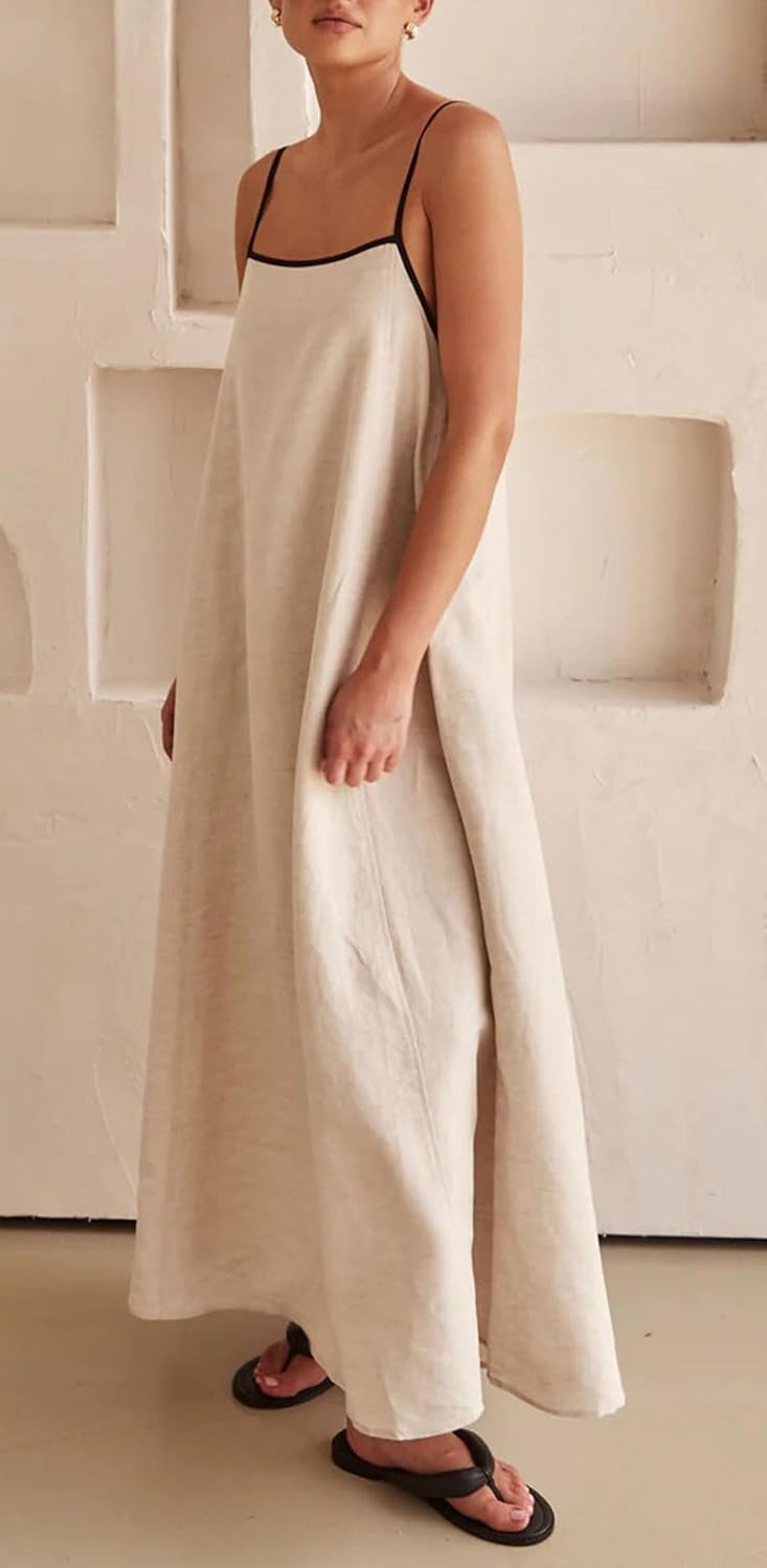 CHARTOU Women Summer Spaghetti Straps Linen Sleeveless Maxi Long Flowy Dress - Image 4