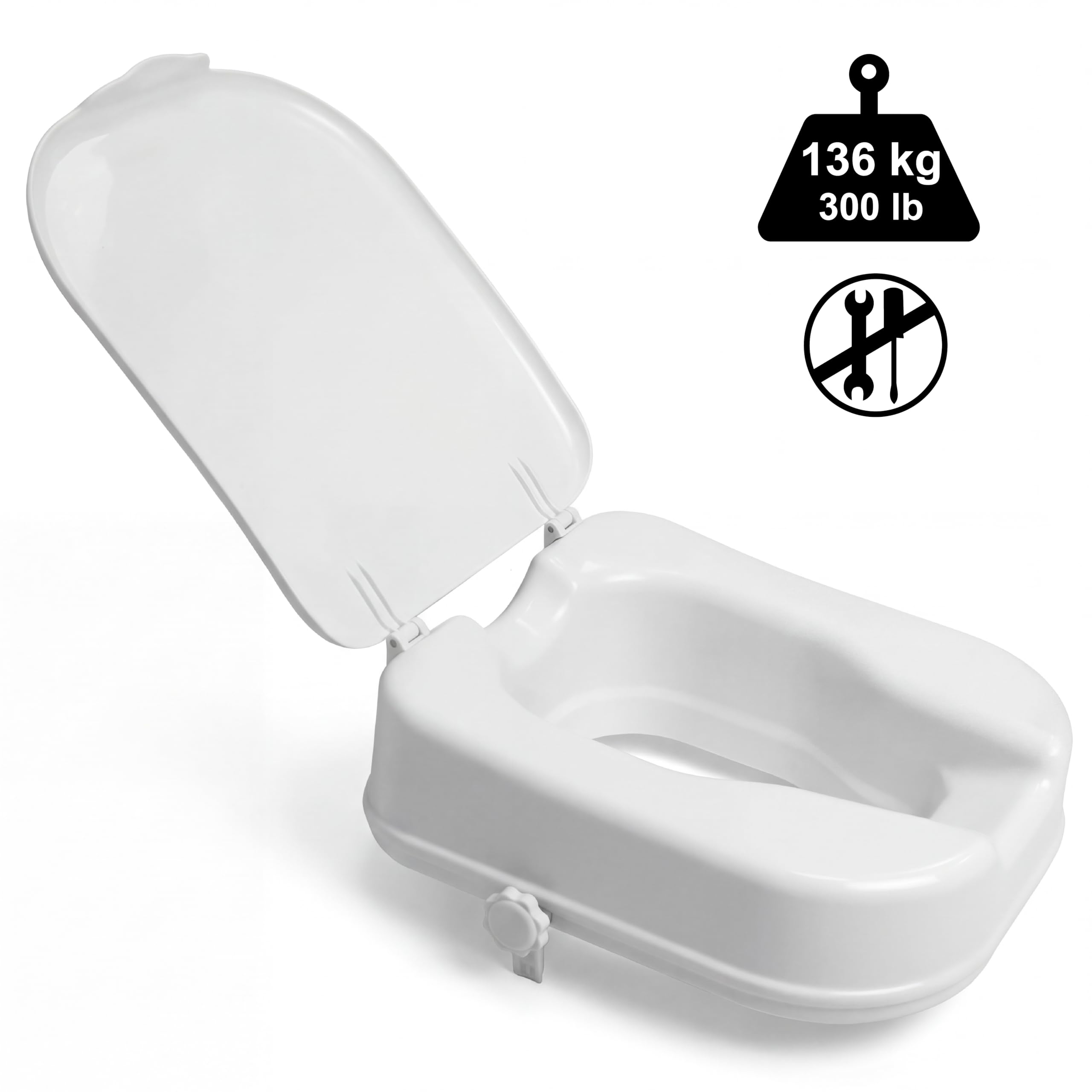 PEPE Mobility Rialzo WC per Anziani Quadrato con Coperchio (10 cm), Alzawater per Protesi Anca, Quadrata, Disabili, Bianco, Brevettato