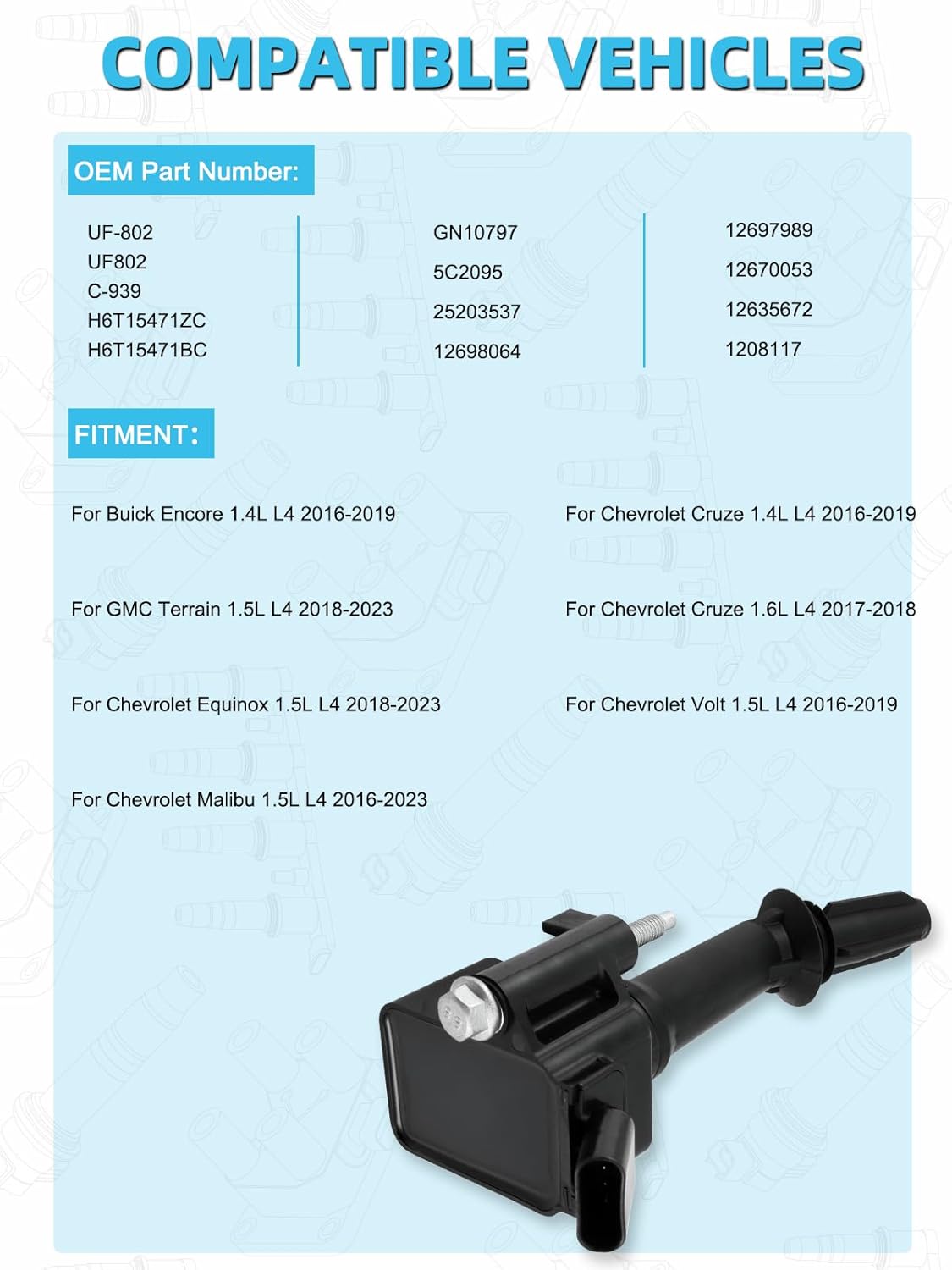 Set of 4 UF802 Ignition Coil Pack (1.4L 1.5L) 2016-2023 For Buick Encore,For GMC Terrain,For Chevy Equinox Malibu Cruze Volt, Replace # H6T15471BC GN10797 C-939 25203537 12698064 12635672