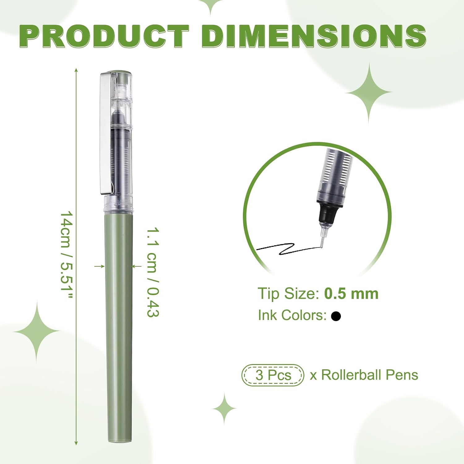 PATIKIL 3Pcs Liquid Ink Rollerball Pens, 0.5mm Fine Point Needle Tip Pens Smooth Writing Gel Ink Quick Dry Black Ink for Office Note Taking Journaling, Avocado Green Body