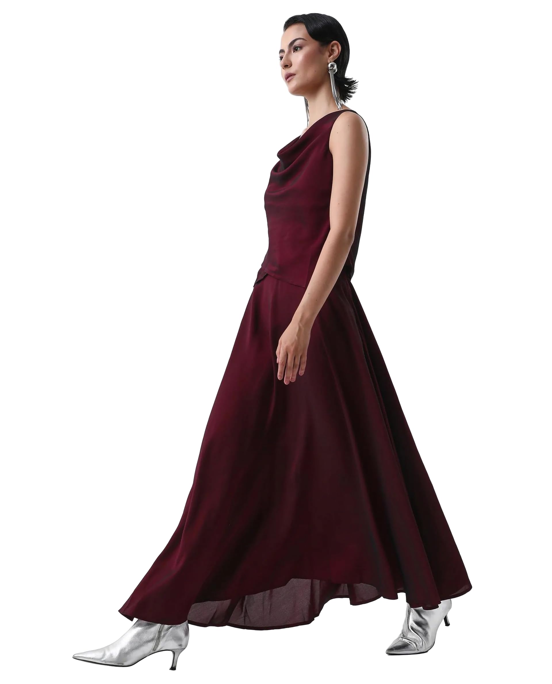 Women RAREISM Flowy Maxi Solid Maroon Polyester Flared Skirt-image-9