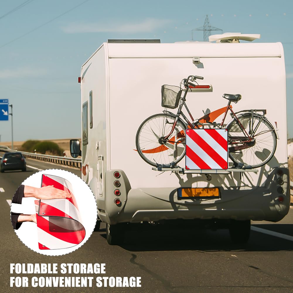 Panneau Avertissement Porte-Vélos 50x50cm, 2 en 1 Panneau davertissement Aluminium Italie Espagne avec 4 Cordes Tension, pour Porte-vélos, Remorque Arrière, Voiture, Camping-car