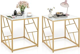 Giantex Gold Side Table Set of 2, 19.5” Square End Table with Tempered G...
