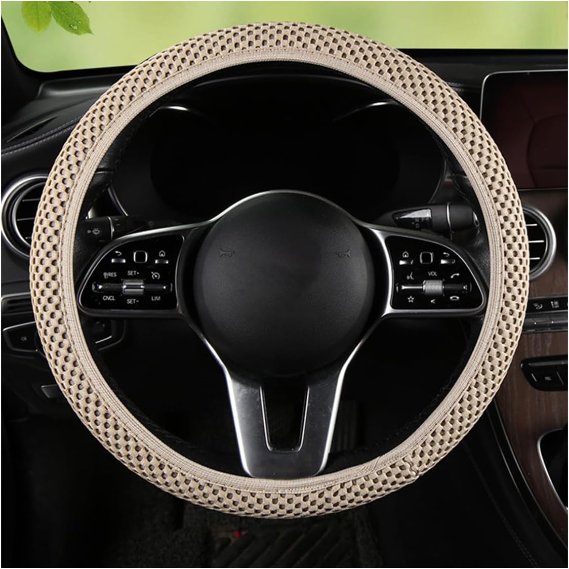 Stretch Elastic Steering Wheel Cover, All-Season Comfort, Warm in Winter & Cool in Summer, Universal 15 Inch Microfiber Breathable Ice Silk, Anti-Slip, Odorless, Easy Carry, Fit Car, SUV (Beige)