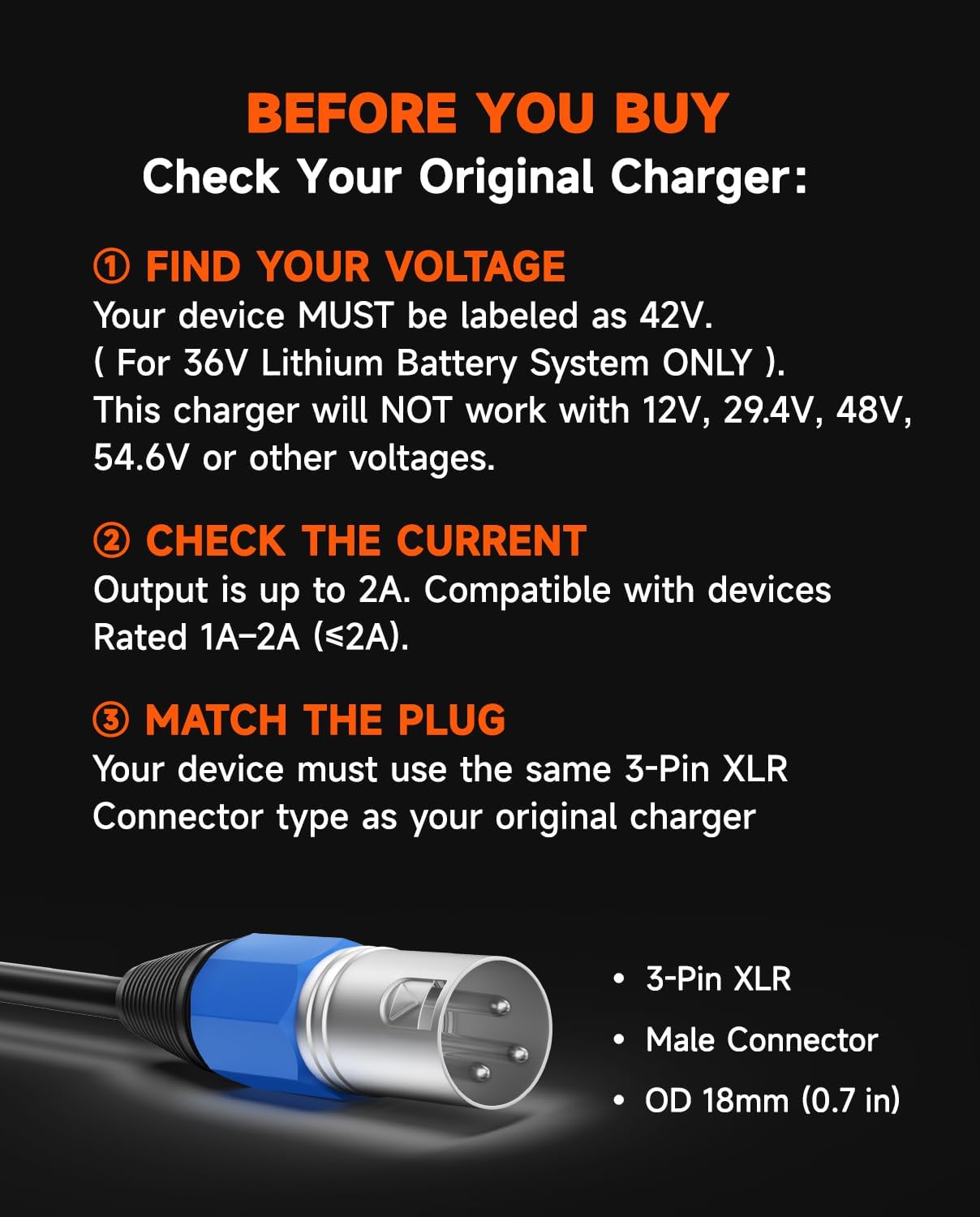YZPOWER 36V Lithium Battery Charger 42V 2A Fast Charger with Turbo Cooling Fan - Overheat Protection, 3-Pin XLR Connector for Electric Bike/Scooter/E-Scooter for Mini Dirt 650 Battery