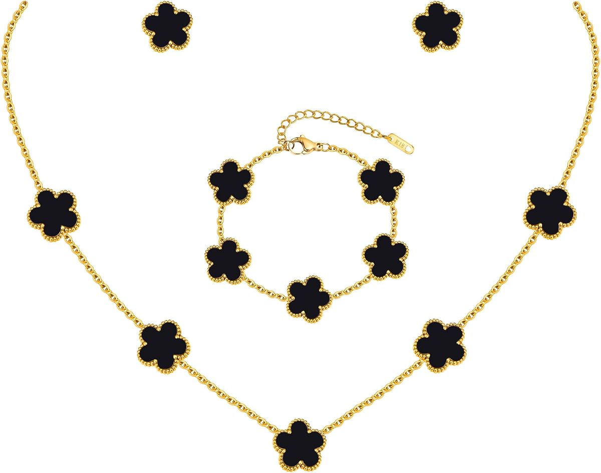 Gold Necklaces Bracelets Earring Set - 18K Gold Plated Flower Bracelet Chain,Stainless Steel Non Tarnish Floral Pendant Stud Jewelry Sets,Christmas Birthday Lucky Gift for Mom Wife Daughter Girlfriend