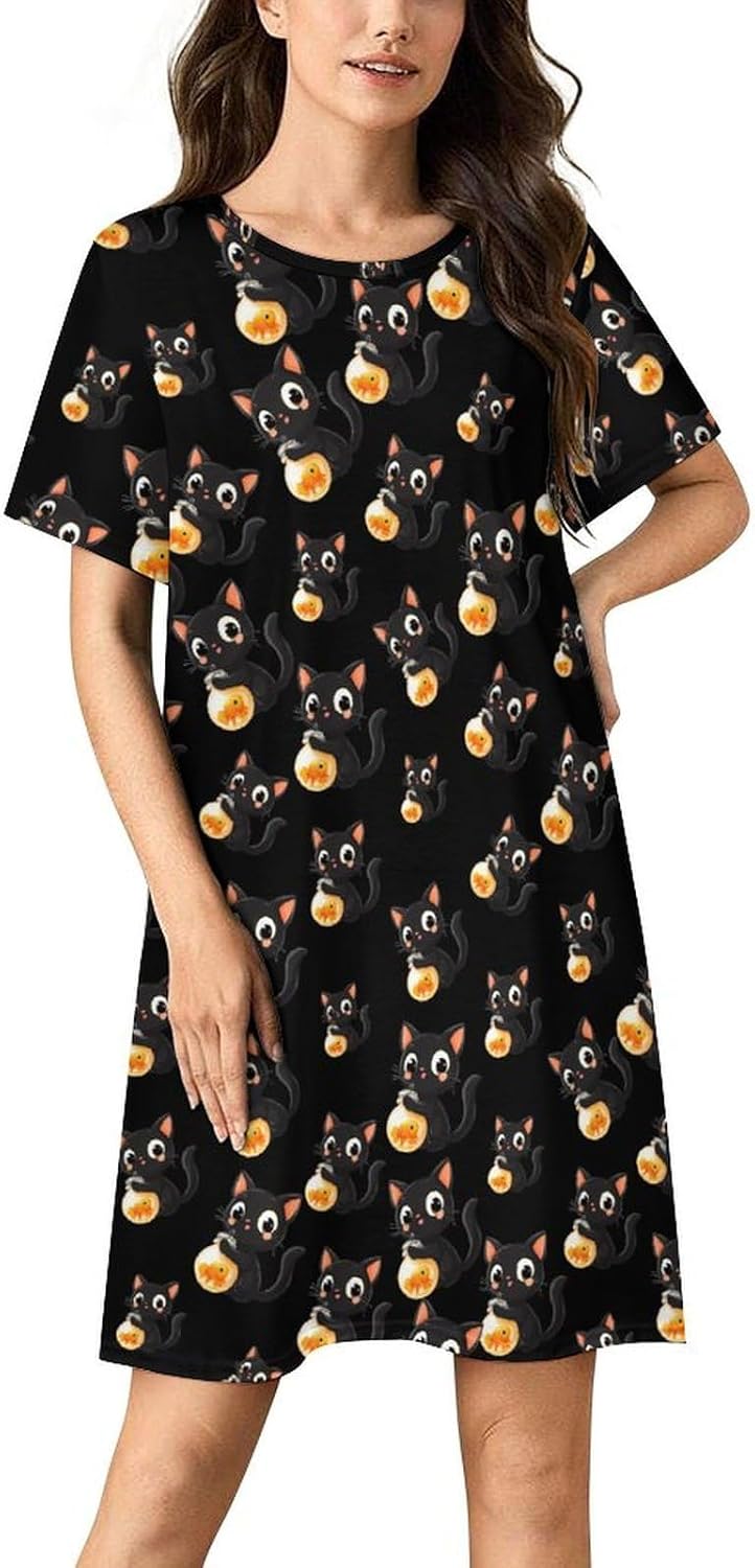 Black Cat And Fish Nightgowns for Women Short Sleeve Sleep Dress Casual Sleepshirt Night Gowns Pajamas