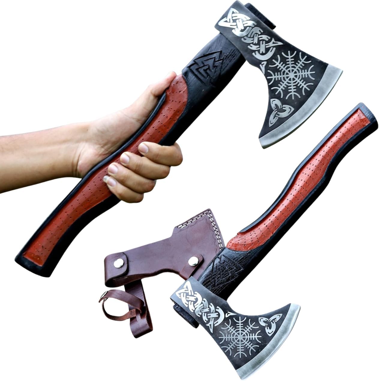Viking Axe | 18" Carbon Steel Throwing Hatchet with Ash Wood Handle & Leather Sheath | Etched Norse Design, Functional & Collectible Gift(WCA-001)