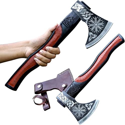 Miniatura 18 de Hacha Viking Hacha de lanzamiento de acero al carbono de 18 pulgadas con mango de madera de fresno y funda de cuero, diseño nórdico grabado