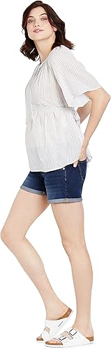Motherhood Maternity Pantalón corto de mezclilla para mujer, color azul índigo, dobladillo enrollado, corte secreto