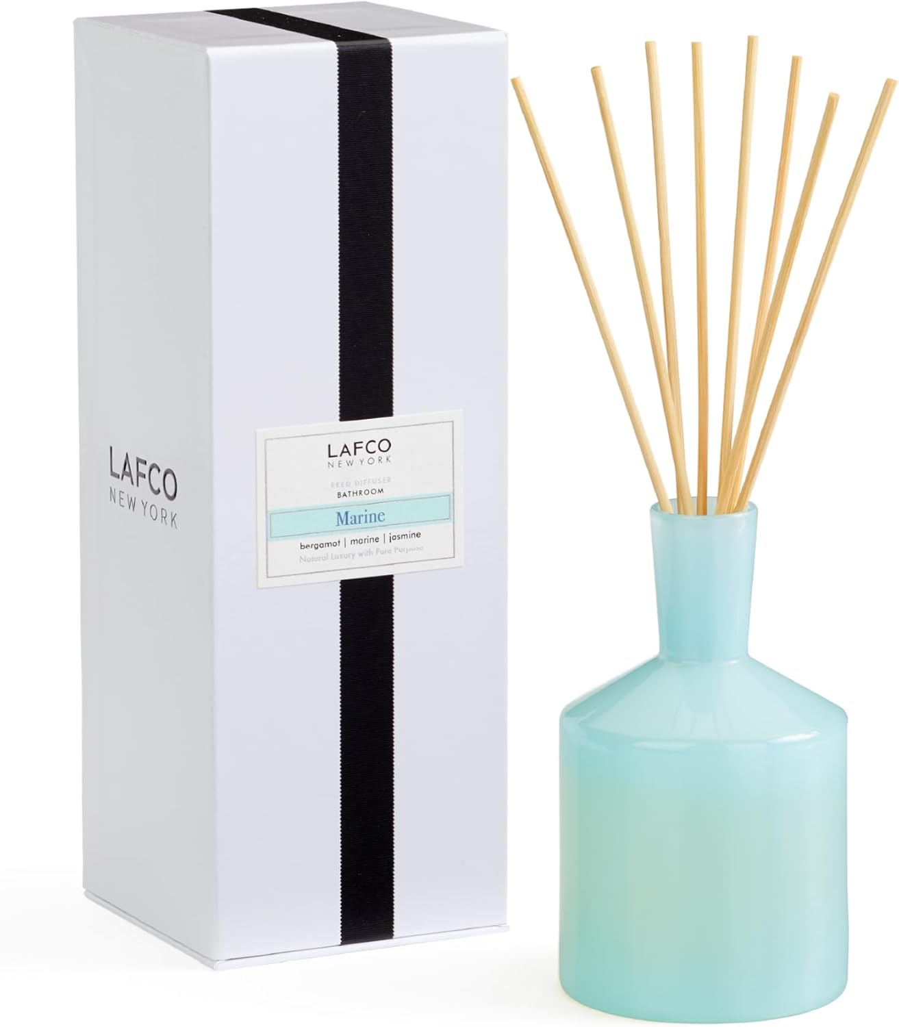 LAFCO New York Classic Reed Diffuser, Marine - 6 oz - Up to 3 Months Fragrance Life - Reusable Glass Vessel - Natural Wood Reeds - Made in The USA