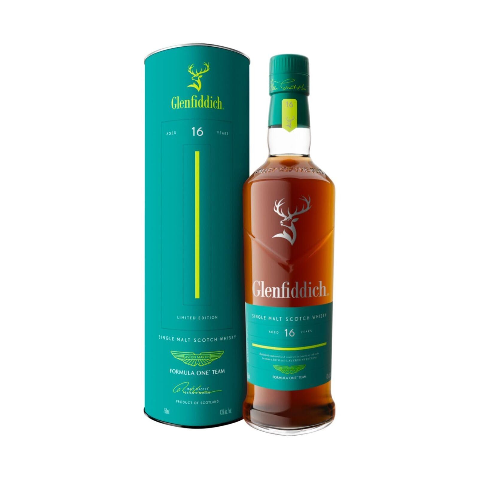 GLENFIDDICH Whisky Escocés Single Malt 16 Años, 70 cl – Edición Limitada | Intenso y complejo | Envejecido en barricas de roble americano | Colaboración Aston Martin F1® | 43% vol