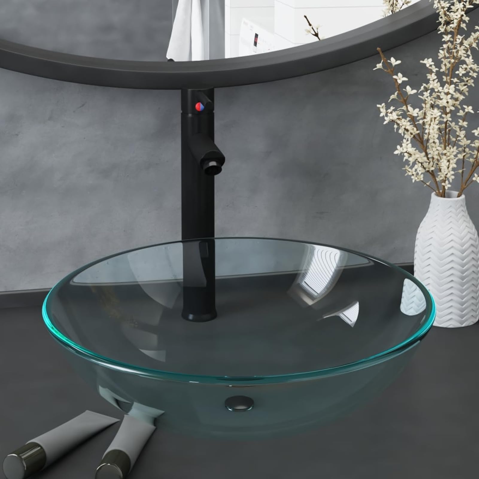 Lavabo con Grifo y tapón pulsador Cristal Templado Transparente Lavabo Cristal