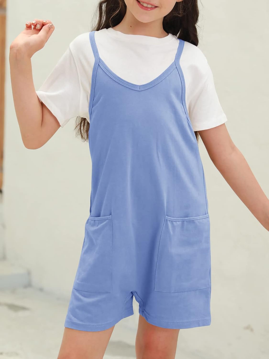 Tongmingyun Girls Summer Sleeveless Casual Romper Spaghetti Strap Shorts Jumpsuit with Pockets - Image 3