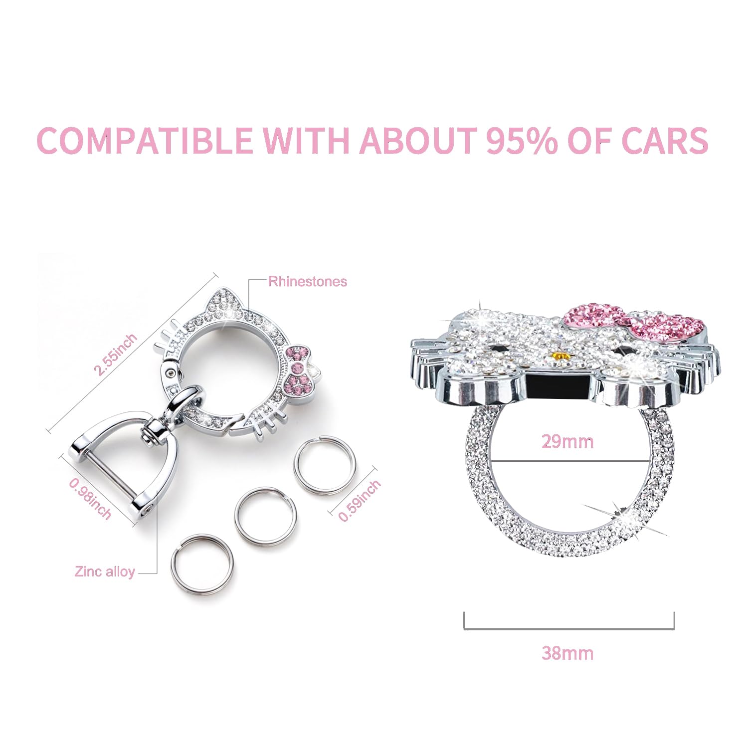 Pangpai 2 Pcs Bling Pink Car Interior Accessories, Rhinestone Push to Start Button Cover with Keychain, Car Engine Start Stop Button Cover, Cute Car Decoration Sticker Decal for Women Girl